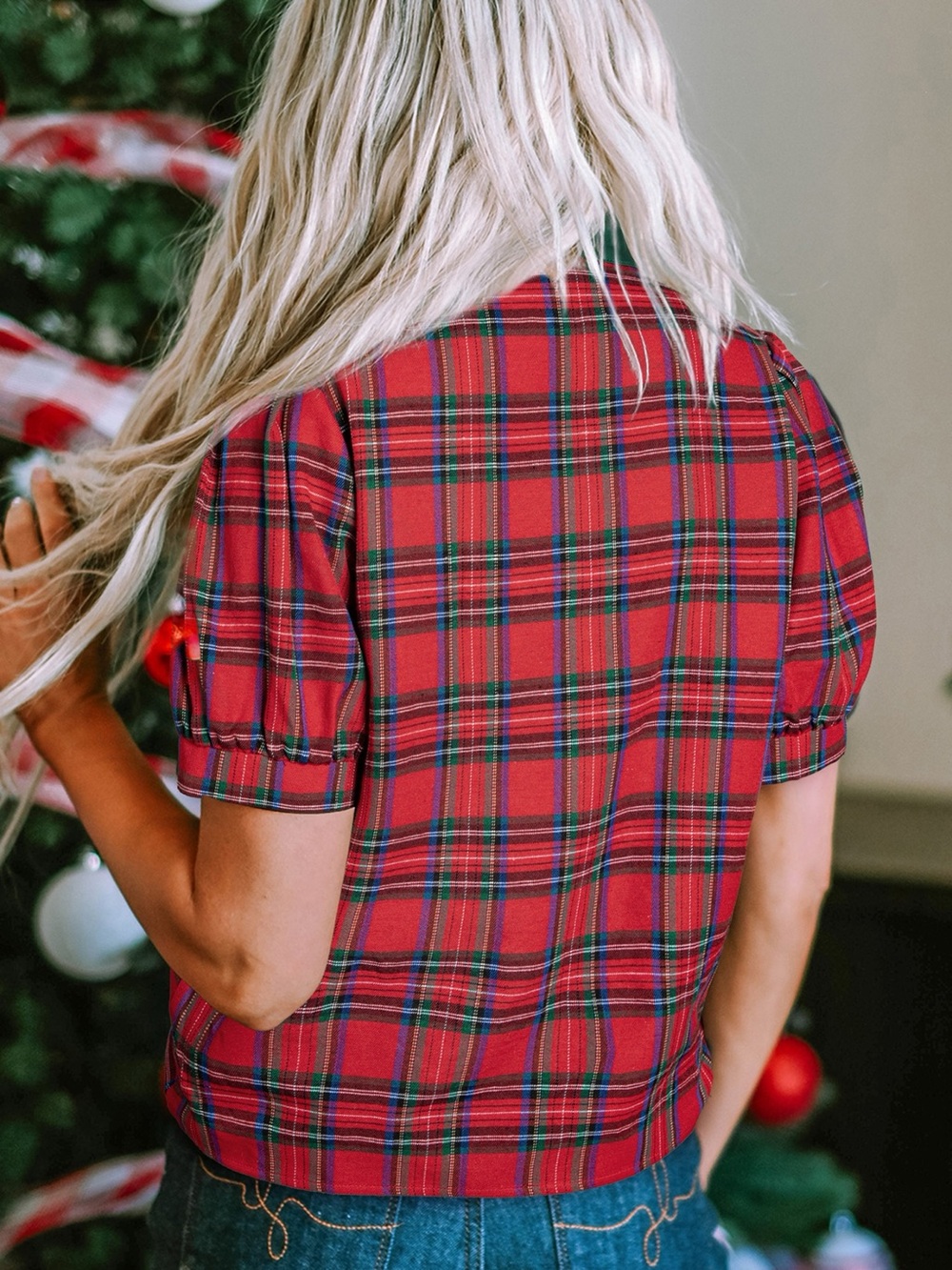 Plaid Notched Short Sleeve Blouse - Picture 2 of 4